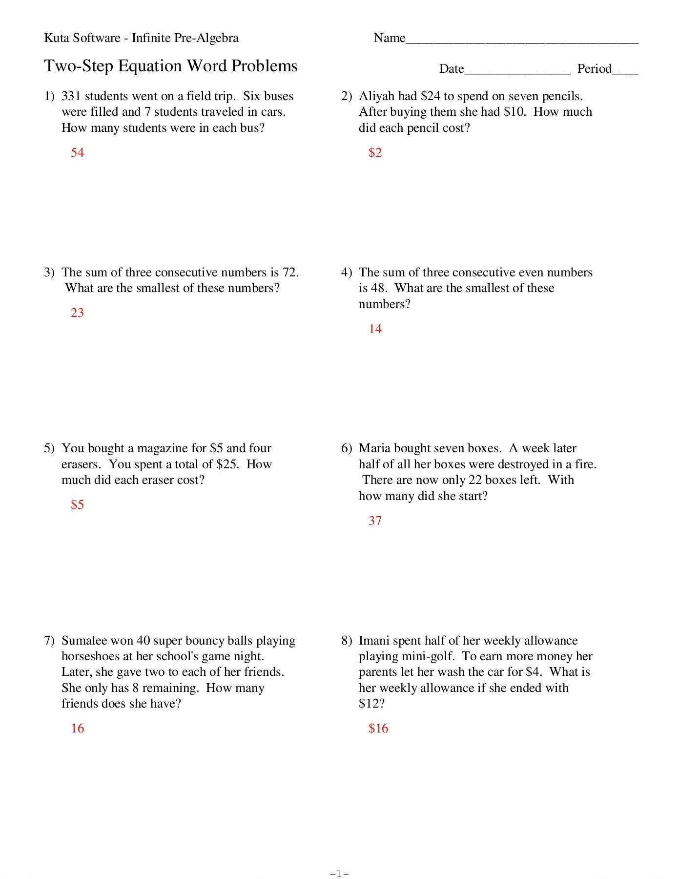 Two Step Equation Worksheet Two Step Word Problems Kuta software Llc Pages 1 4
