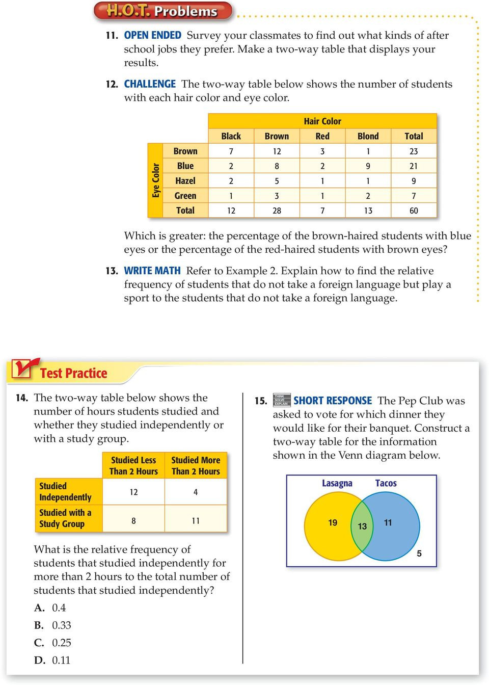 Two Way Frequency Table Worksheet Two Way Tables Lesson 16 Main Idea New Vocabulary Two Way