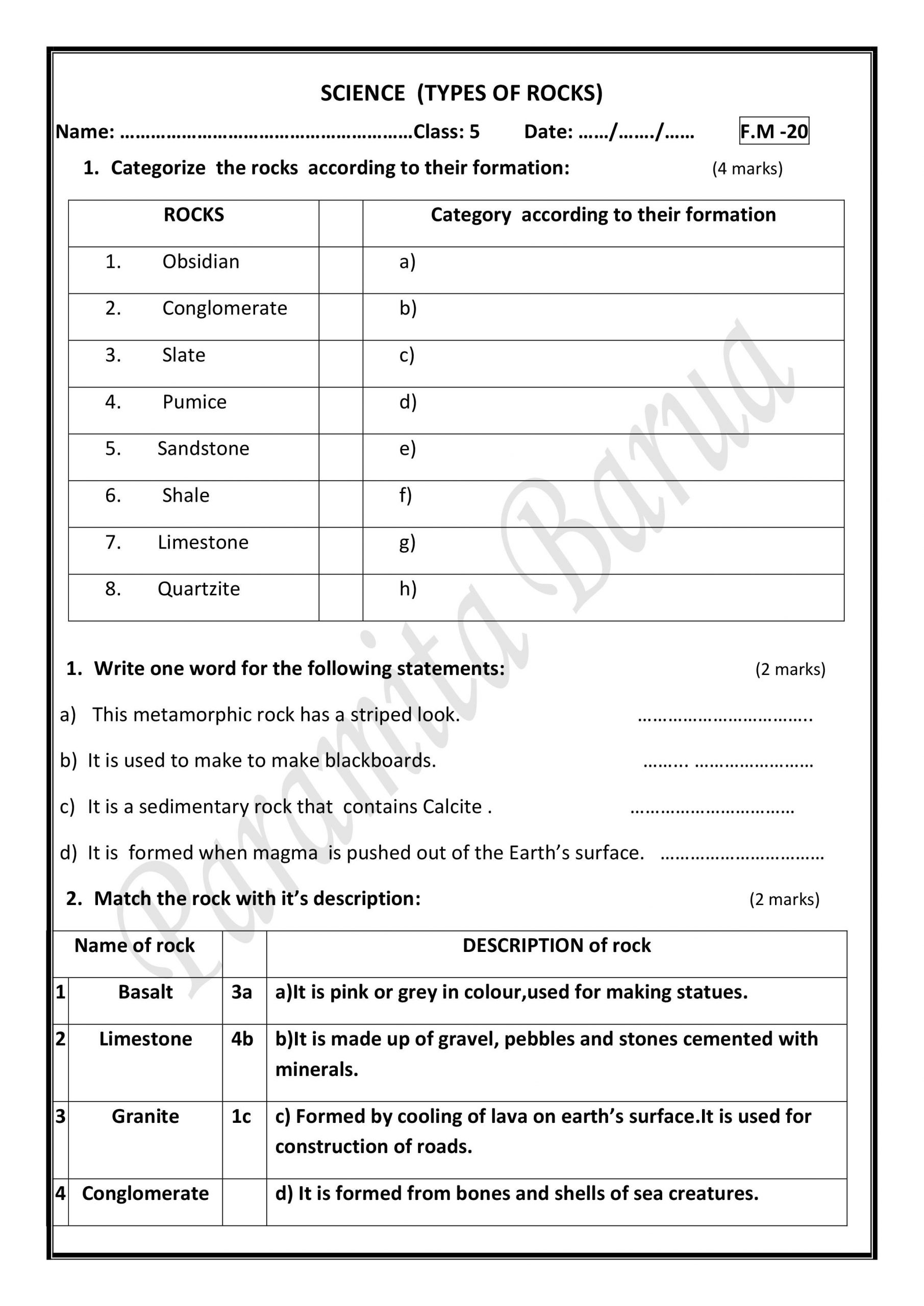 Types Of Rock Worksheet A Worksheet Rocks and Minerals for Class 5 Notes