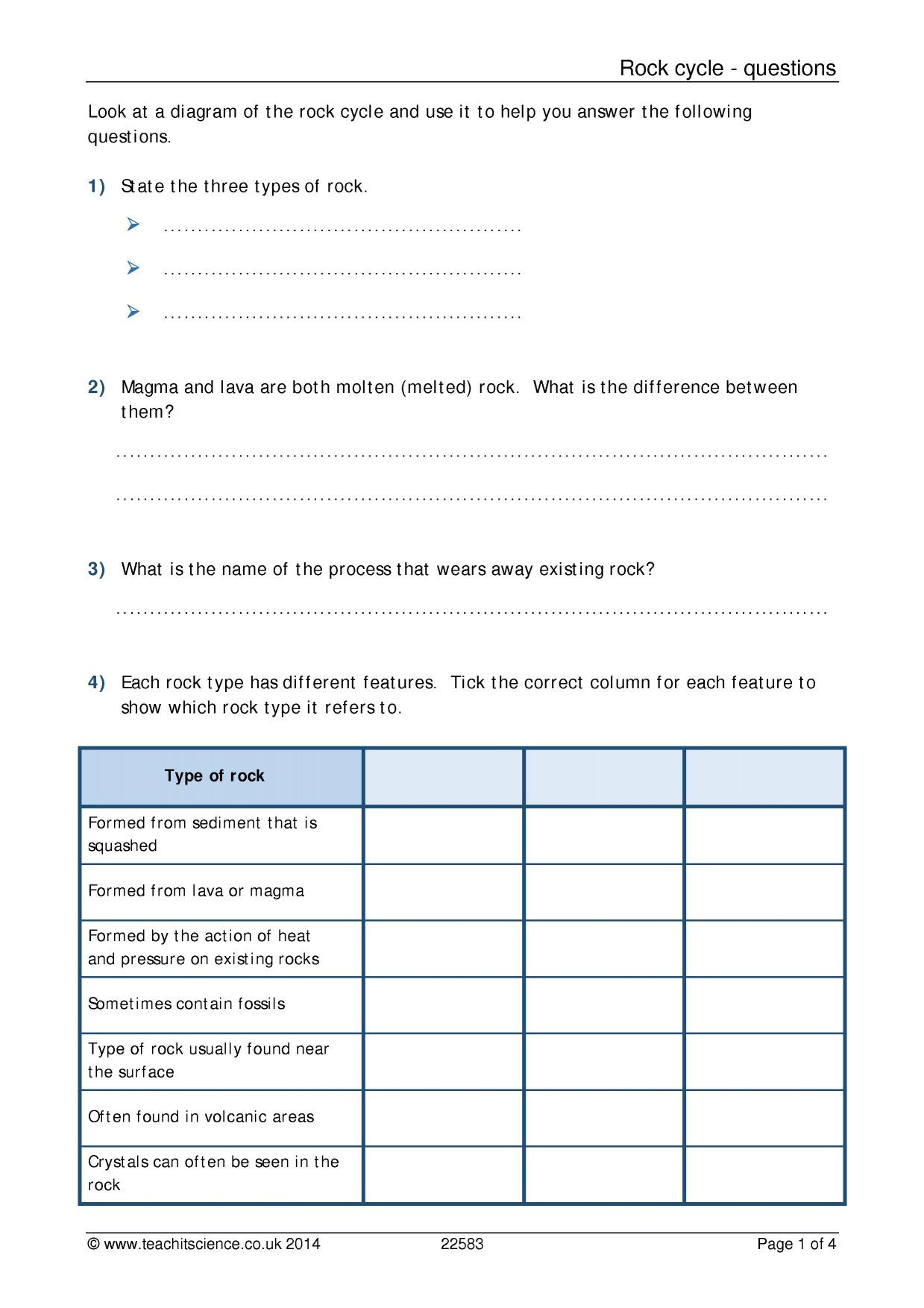 Types Of Rock Worksheet Rock Cycle Questions Worksheet with Answers