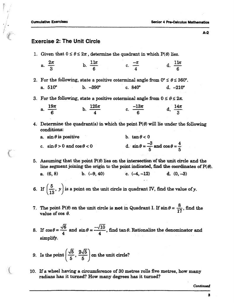 Unit Circle Practice Worksheet Pre Cal 40s Winter 07 the Unit Circle is the Key