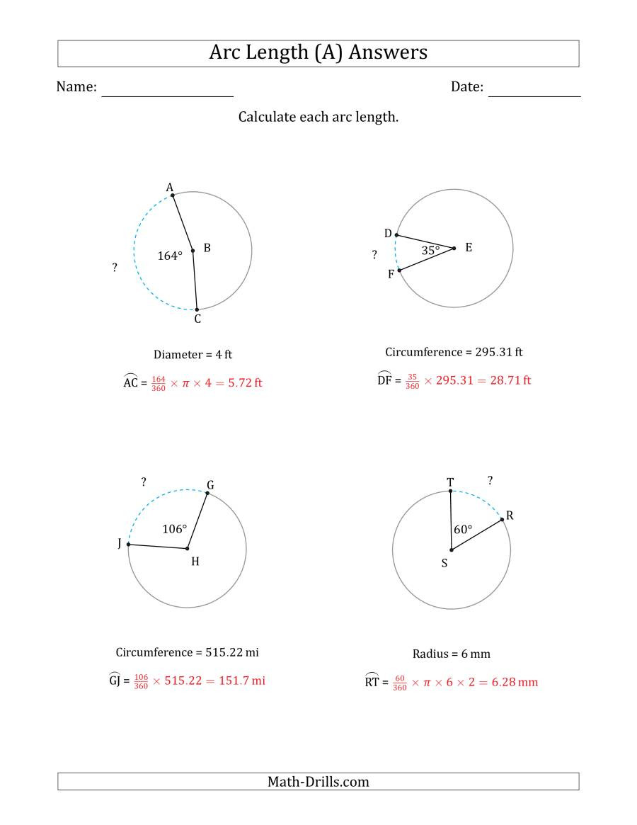 Unit Circle Worksheet with Answers Calculating Circle Arc Length From Circumference Radius or