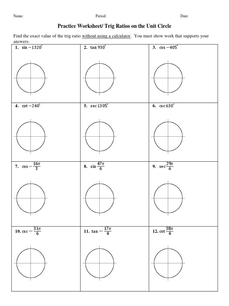 Unit Circle Worksheet with Answers Practice Trig Ratios Unit Circle1