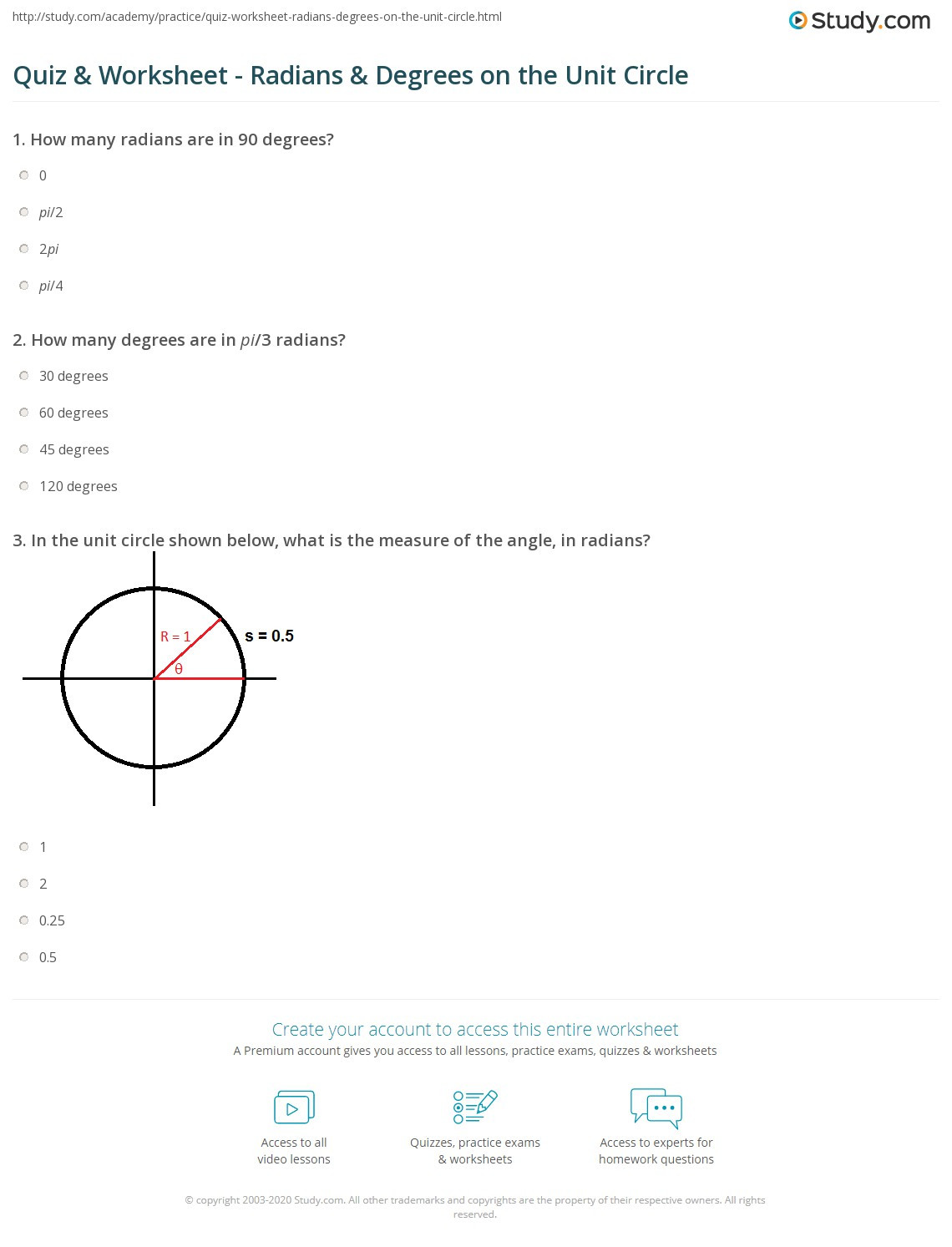 Unit Circle Worksheet with Answers Quiz &amp; Worksheet Radians &amp; Degrees On the Unit Circle