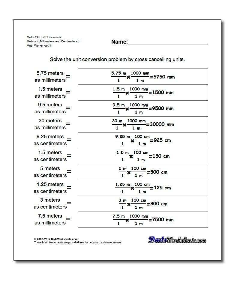 Unit Conversions Worksheet Answers Metric Si Unit Conversion Worksheet Meters to Millimeters
