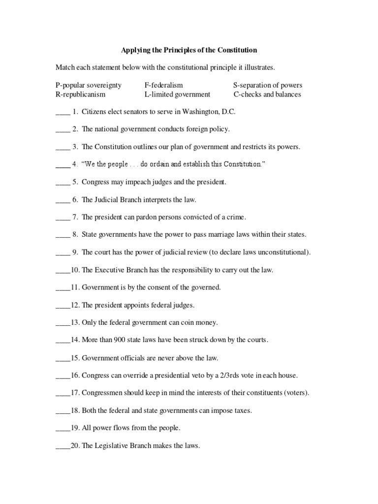 United States Constitution Worksheet Applying the Principles Of the Constitution Answer Key