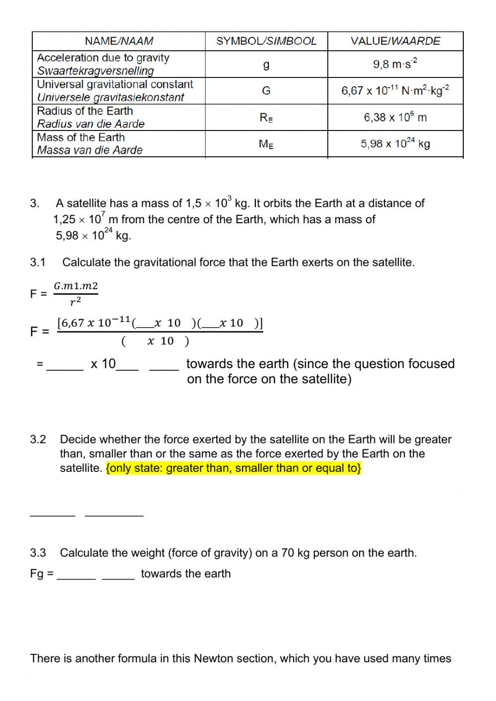 Universal Gravitation Worksheet Answers Newton S Law Of Universal Gravitation Worksheet 1