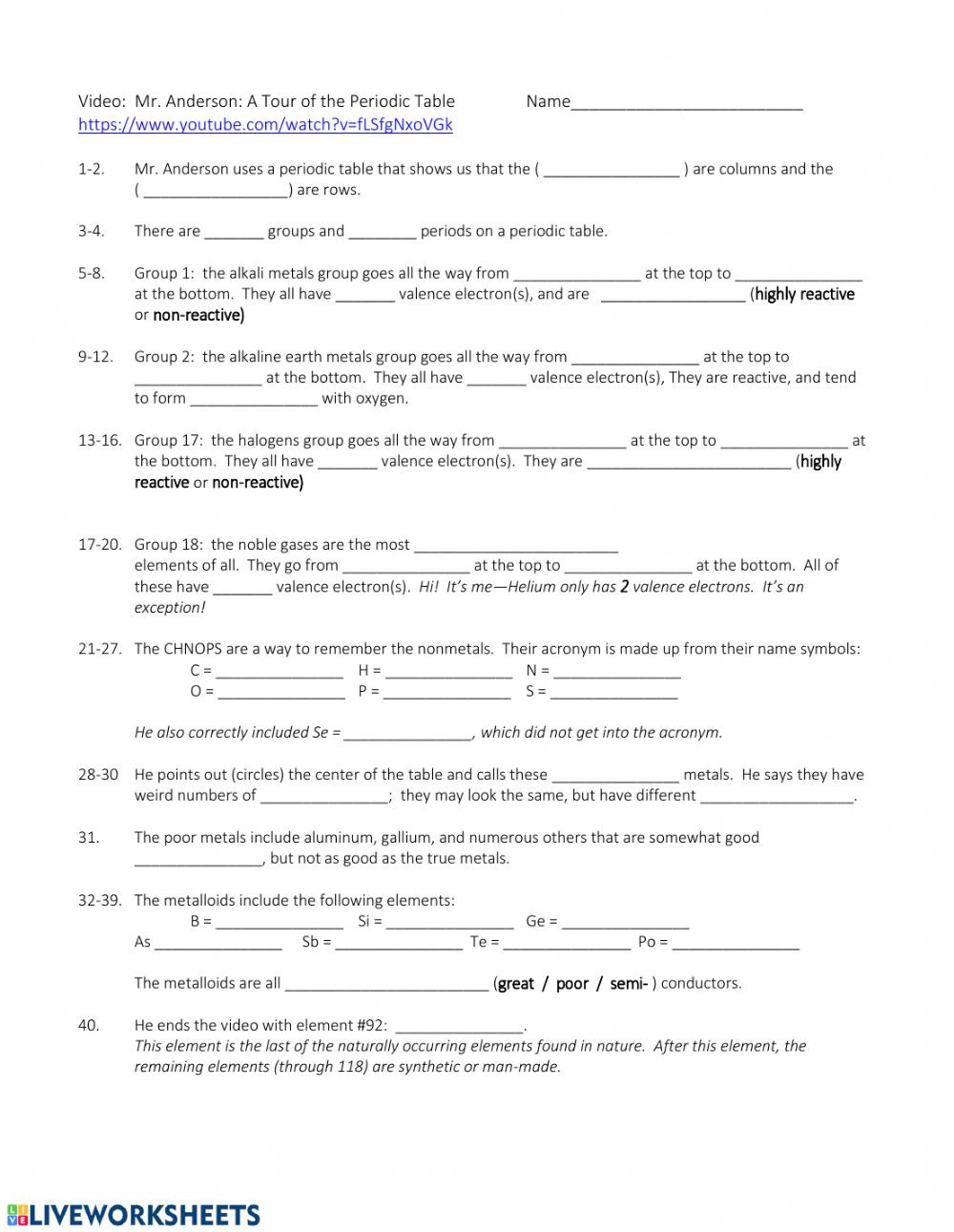 Valence Electrons Worksheet Answers tour Of the Periodic Table Interactive Worksheet
