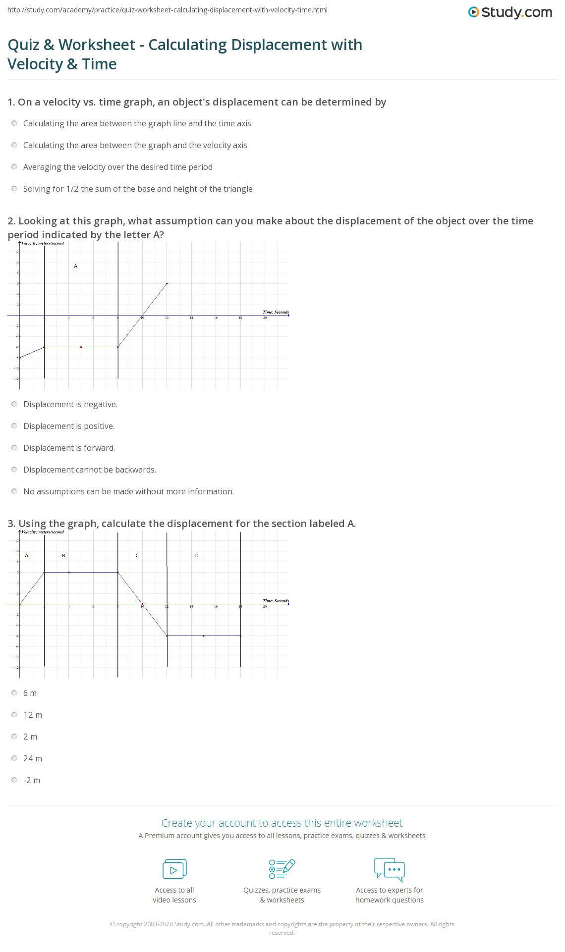 Velocity Time Graph Worksheet Quiz &amp; Worksheet Calculating Displacement with Velocity