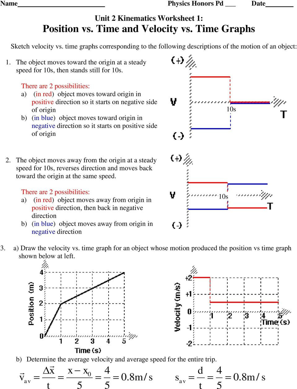 Velocity Time Graph Worksheet Unit 2 Kinematics Worksheet 1 Position Vs Time and