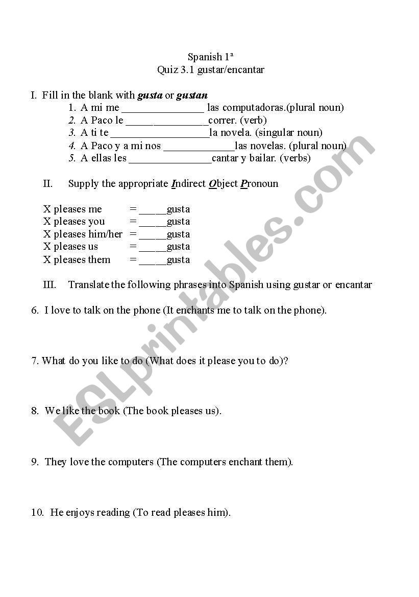 Verbs Like Gustar Worksheet English Worksheets Gustar and Encantar Test