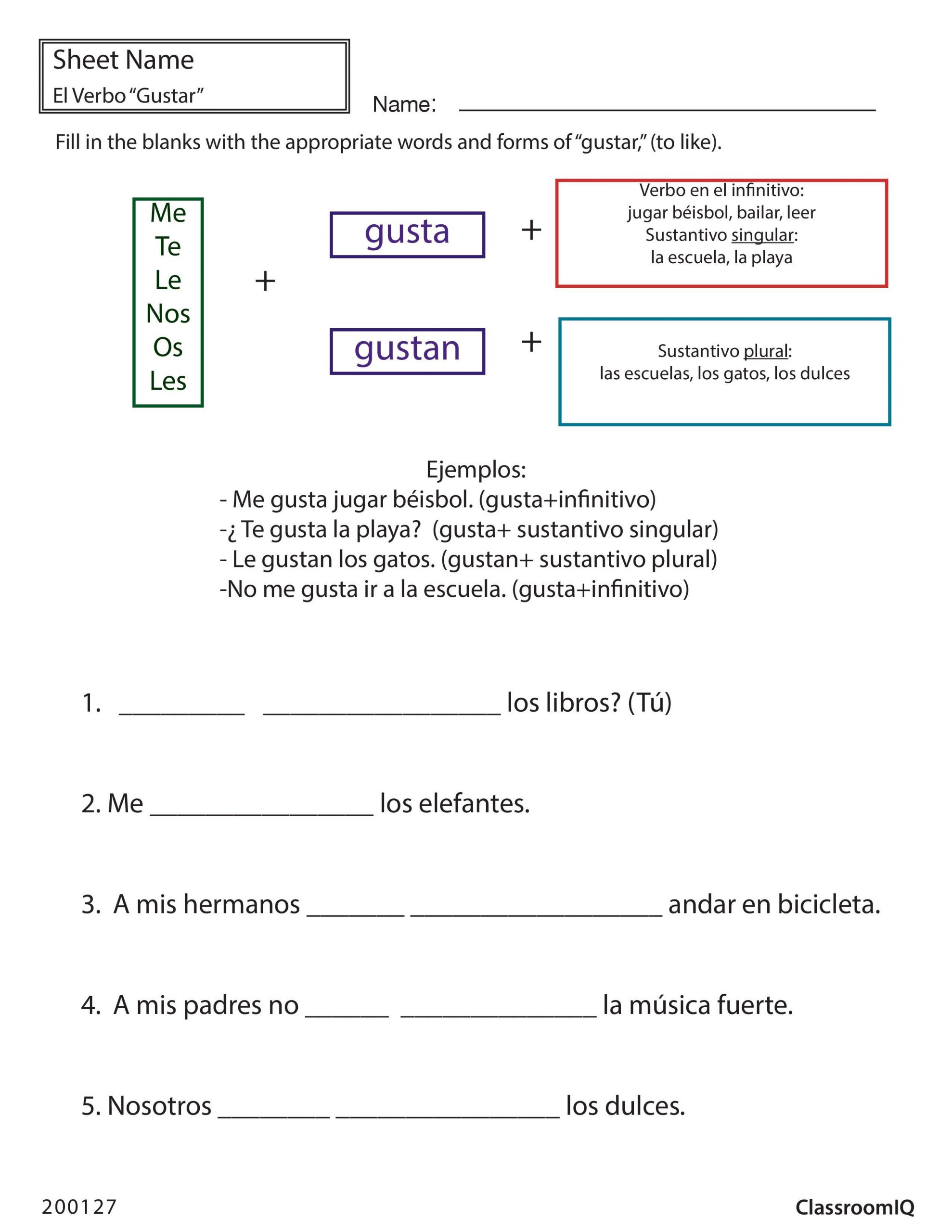 Verbs Like Gustar Worksheet Gustar to Like Spanishworksheet Newteachers Printable