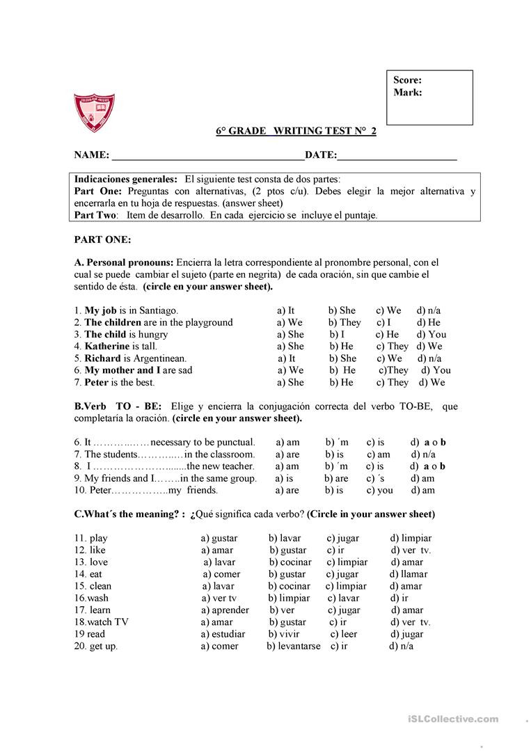 Verbs Like Gustar Worksheet Test 6° Grade Chile English Esl Worksheets for Distance