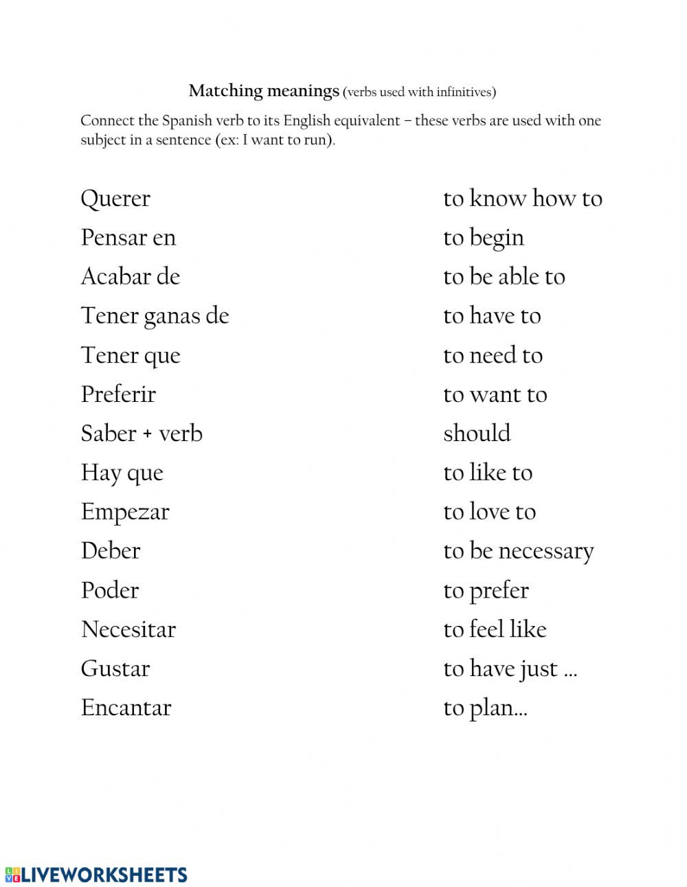 Verbs Like Gustar Worksheet Two Verbs with One Subject Interactive Worksheet