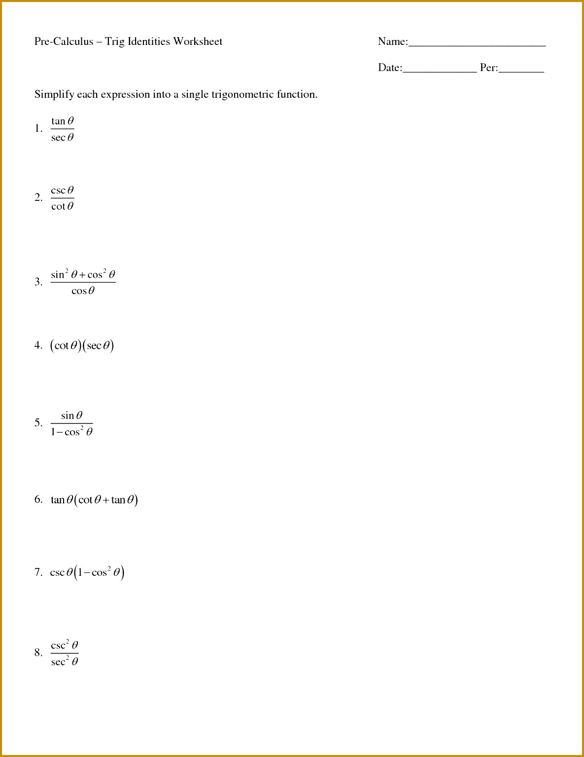 Verify Trig Identities Worksheet Trigonometry Class 10 Worksheets