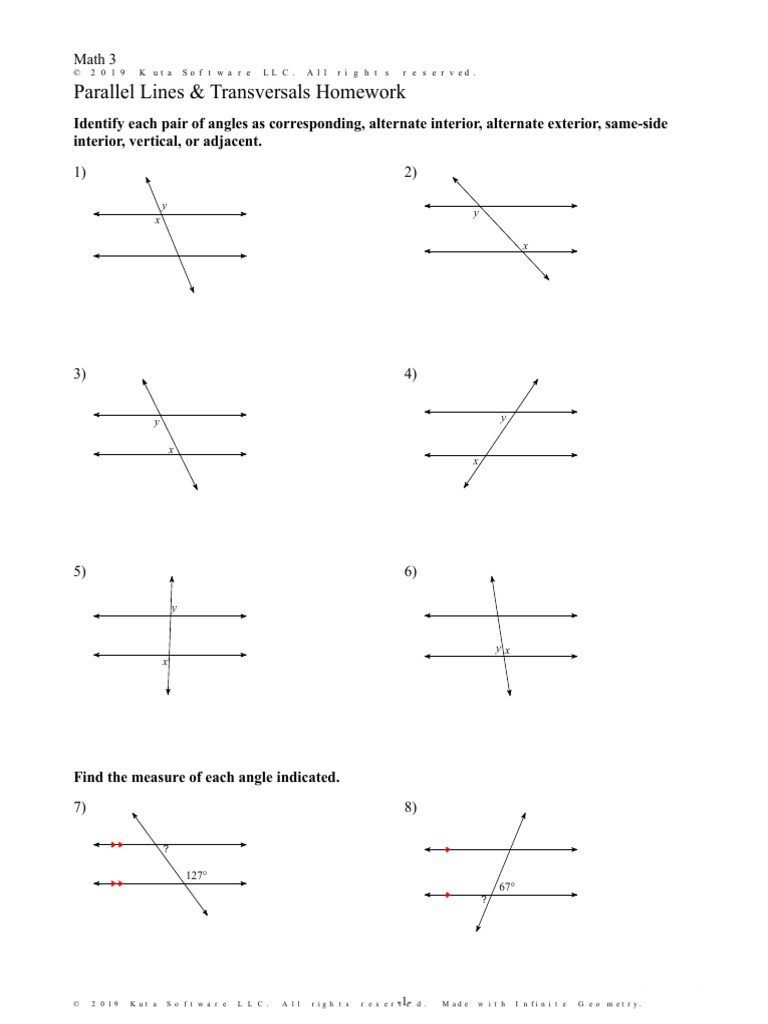 Vertical Angles Worksheet Pdf Parallel Lines Transversals Homework Geometry