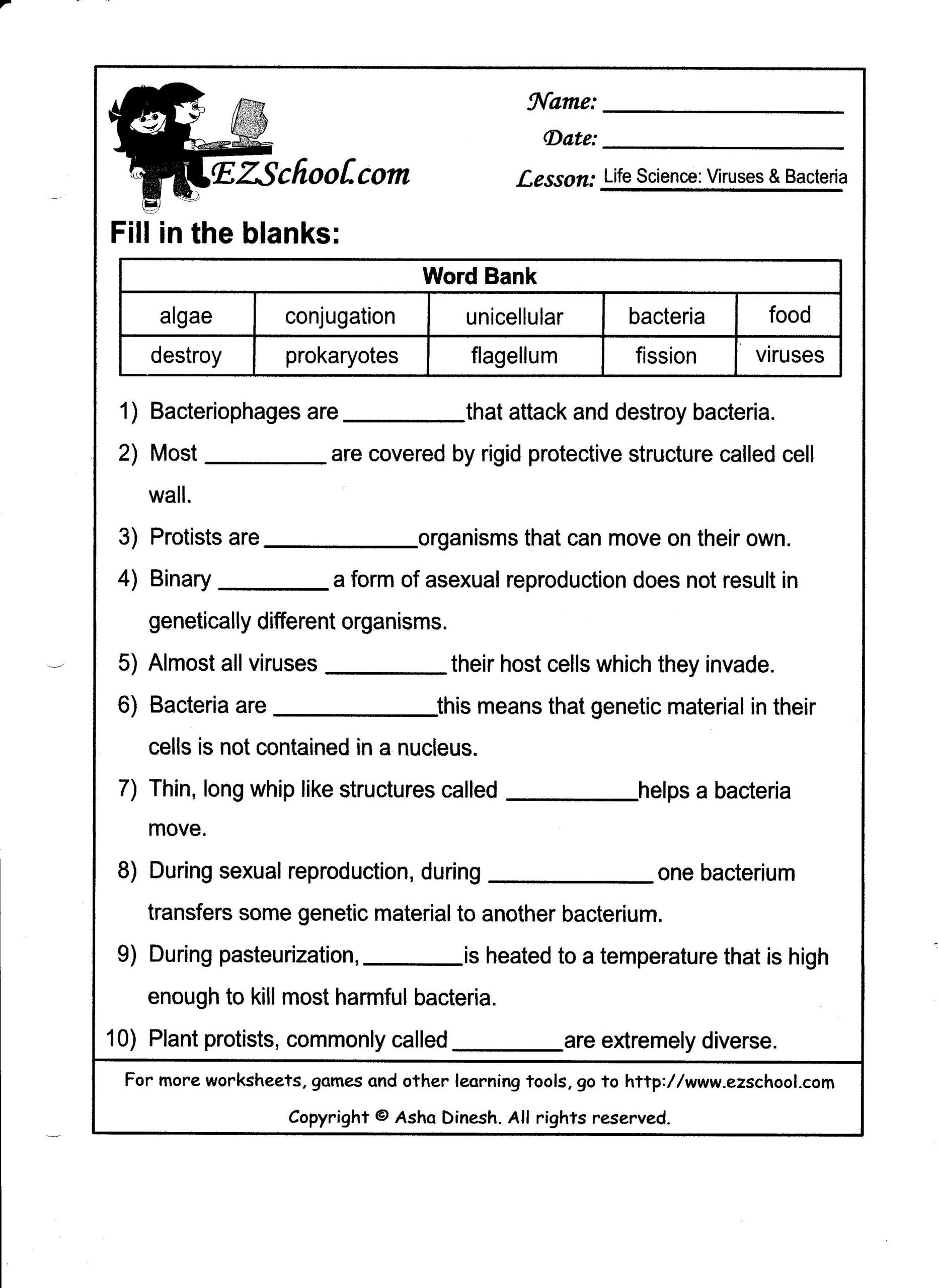 Virus and Bacteria Worksheet Answers Worksheets Bacteria and Viruses Worksheet Week 11 Cell