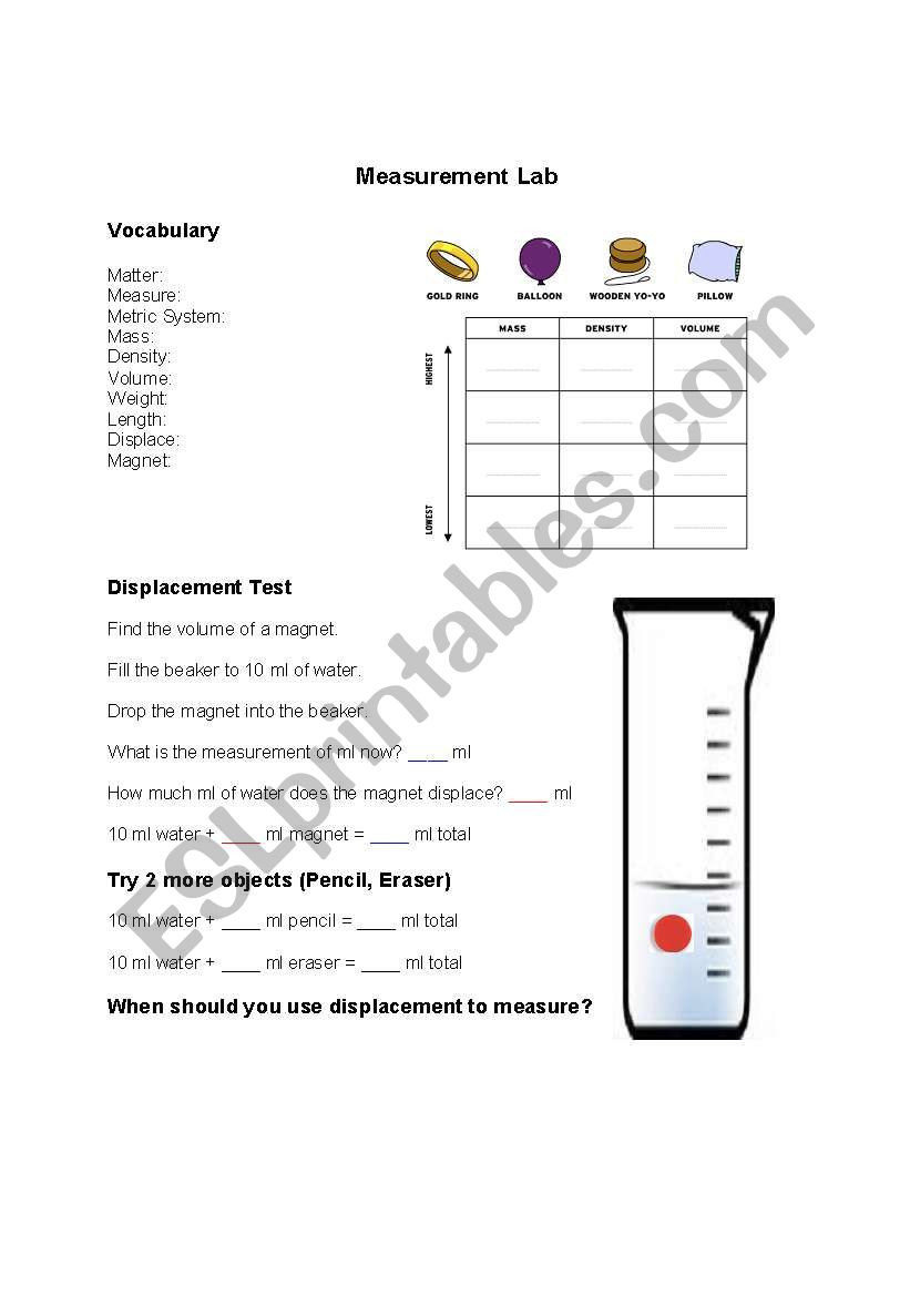 Volume by Water Displacement Worksheet English Worksheets Measurement Lab