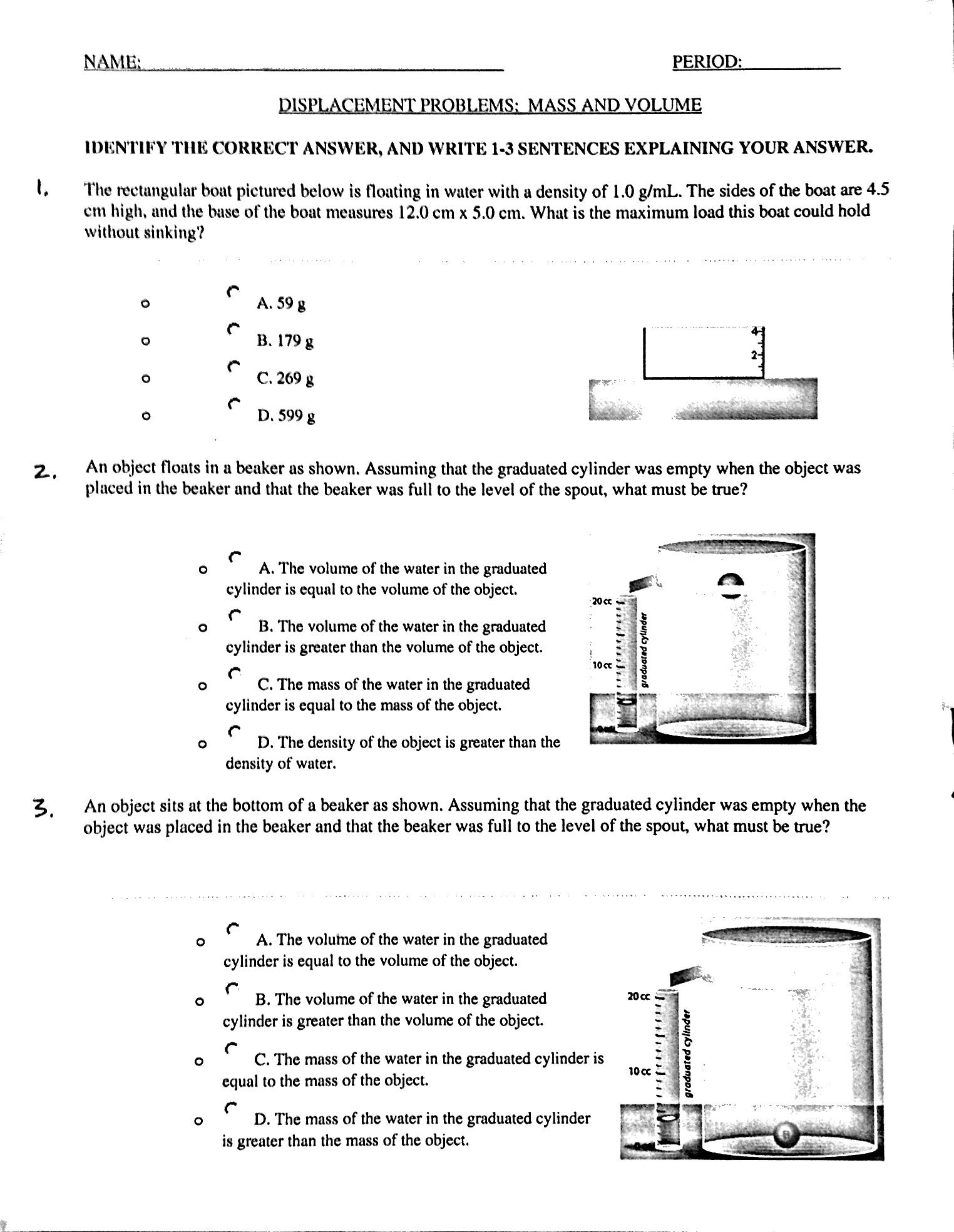 Volume by Water Displacement Worksheet Measurement Mass and Volume Mr Gibbs Science