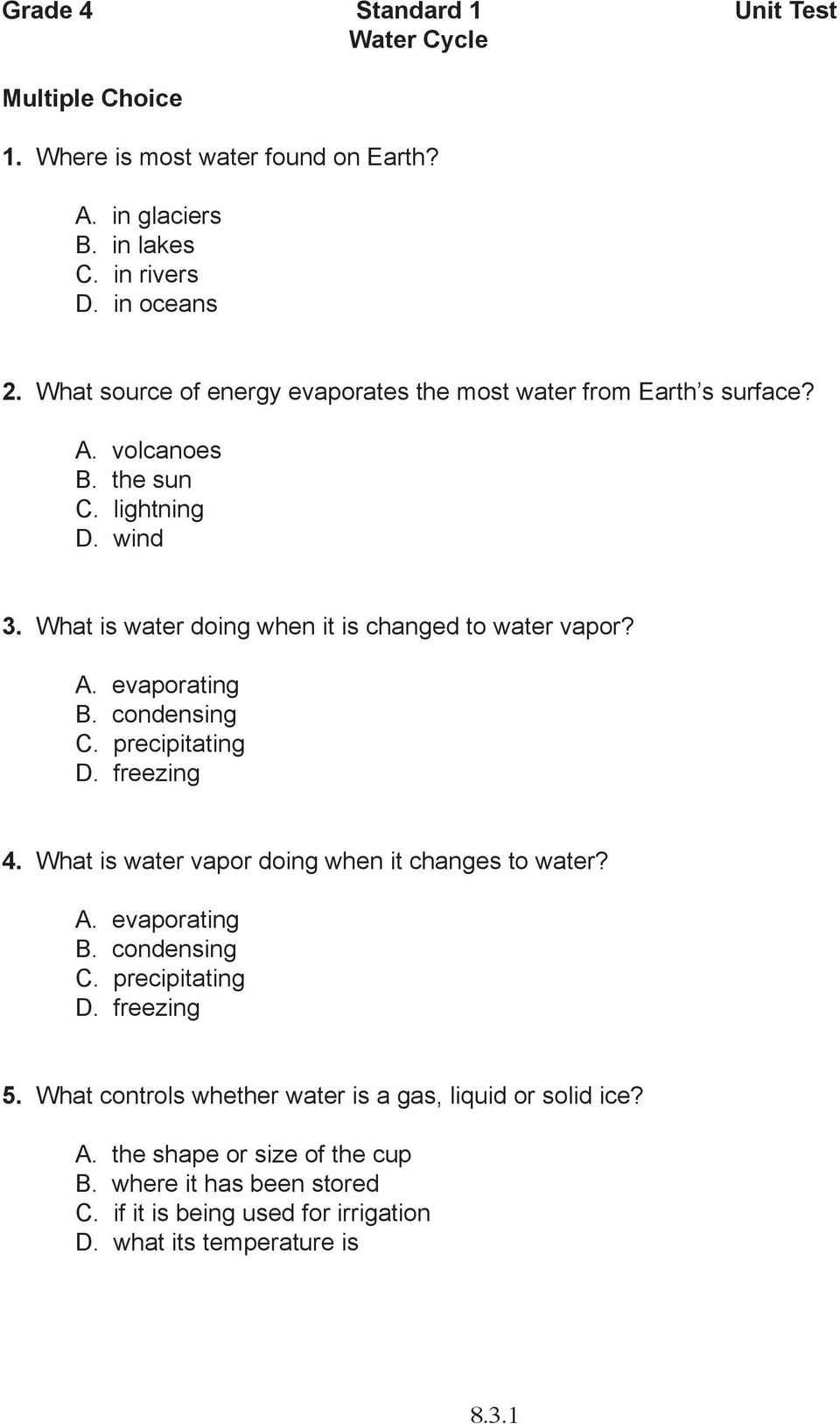 Water Cycle Worksheet Answer Key Grade 4 Standard 1 Unit Test Water Cycle Multiple Choice 1