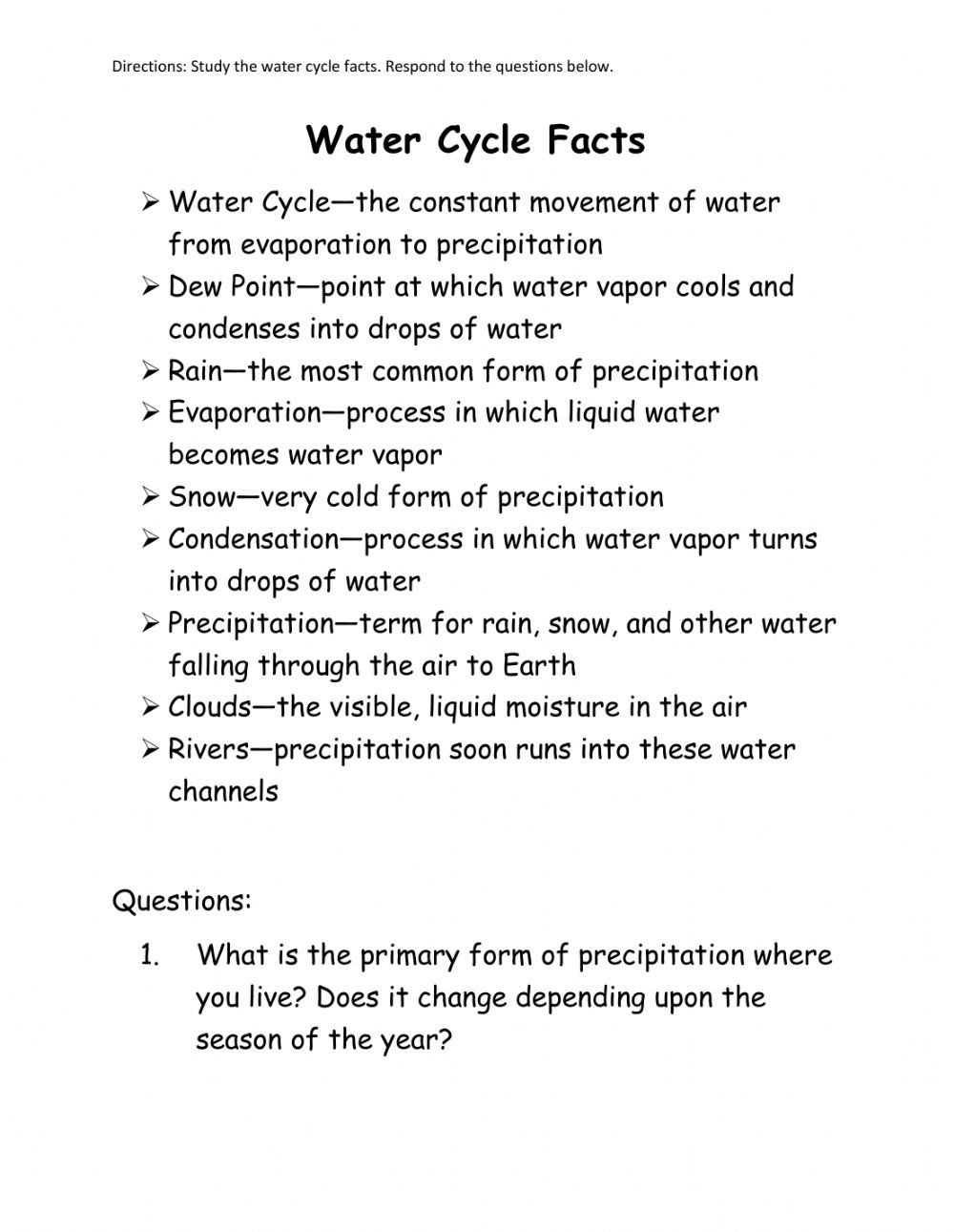 Water Cycle Worksheet Answer Key the Water Cycle Facts Interactive Worksheet