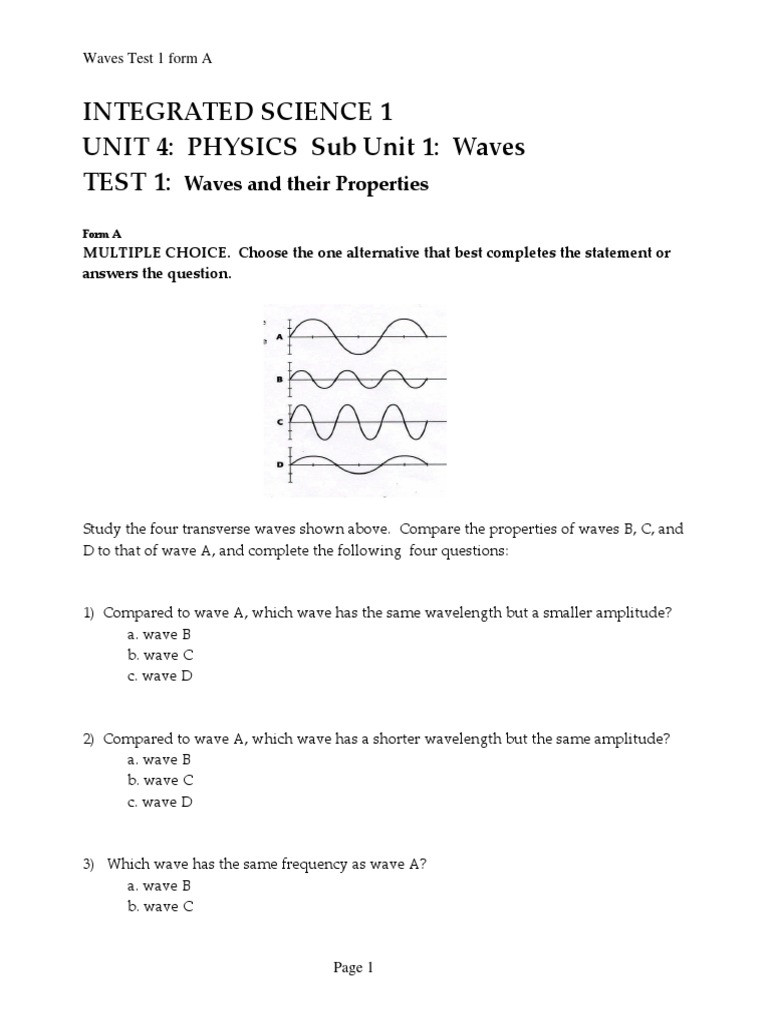 Wave Review Worksheet Answer Key 4 1 1a Test Waves