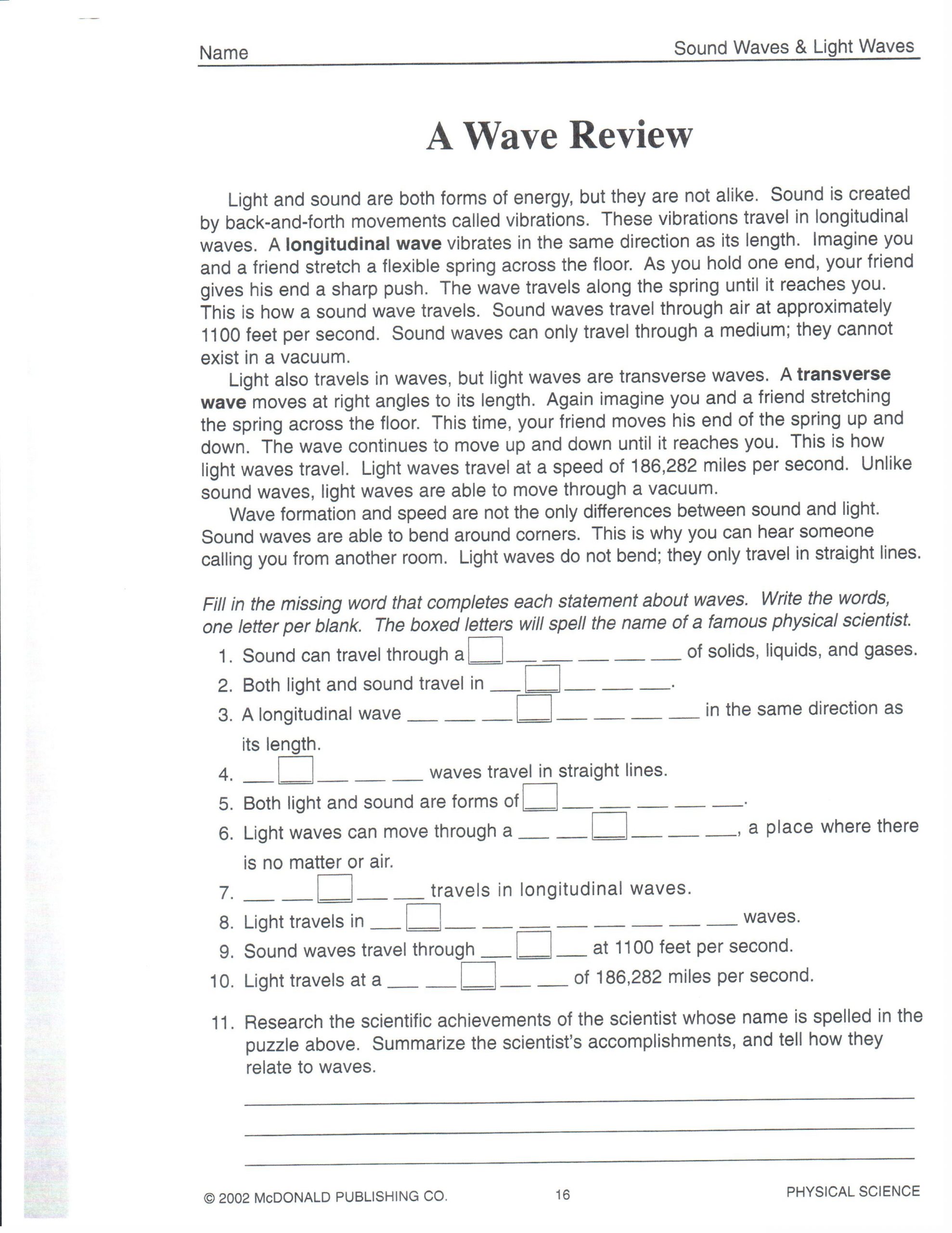 Wave Review Worksheet Answer Key Physical Science March 2013