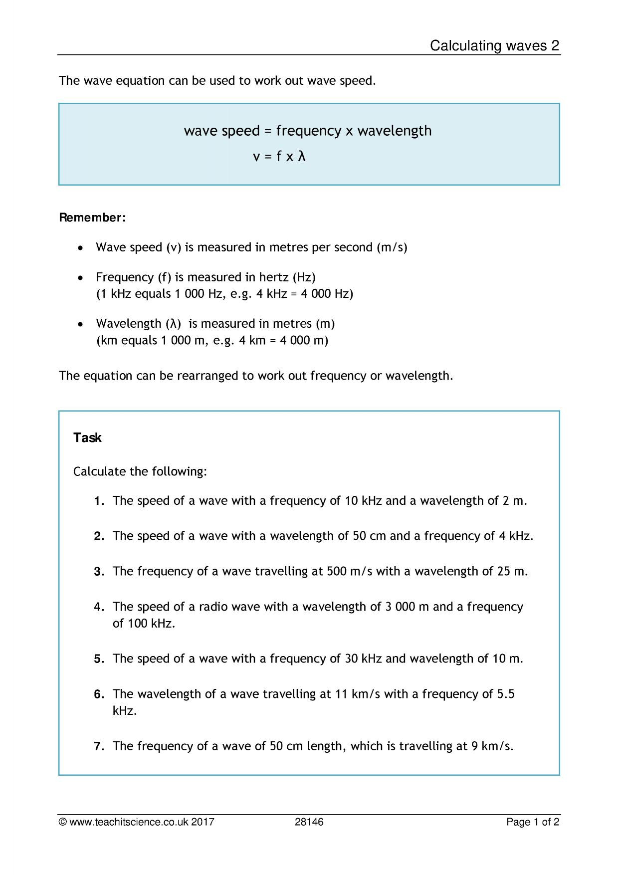 Waves Worksheet 1 Answers Calculating Wave Speed Frequency and Wavelength Worksheet