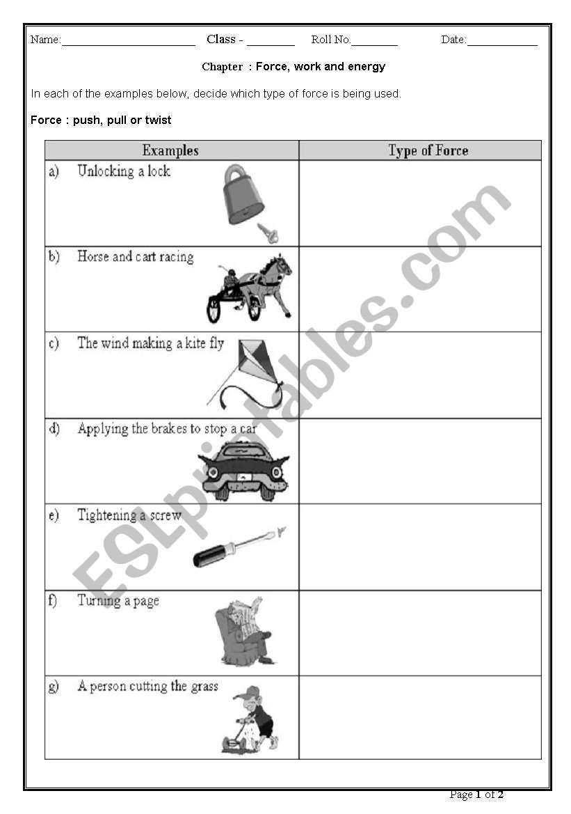 Work and Energy Worksheet English Worksheets force Work and Energy