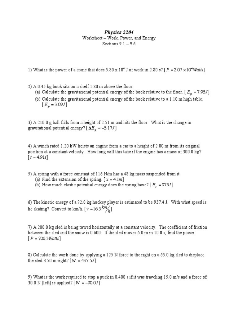 Work Energy and Power Worksheet Work Power and Energy Worksheet Worksheet List