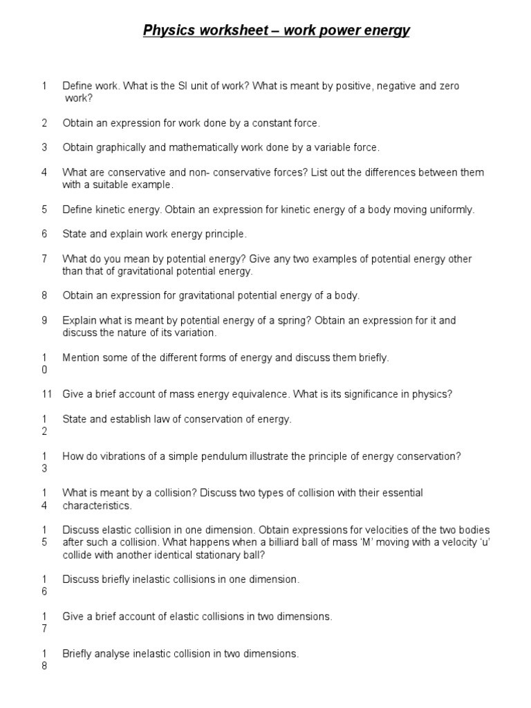 Work Energy and Power Worksheet Worksheet Class Xi Work Power Energy Collision