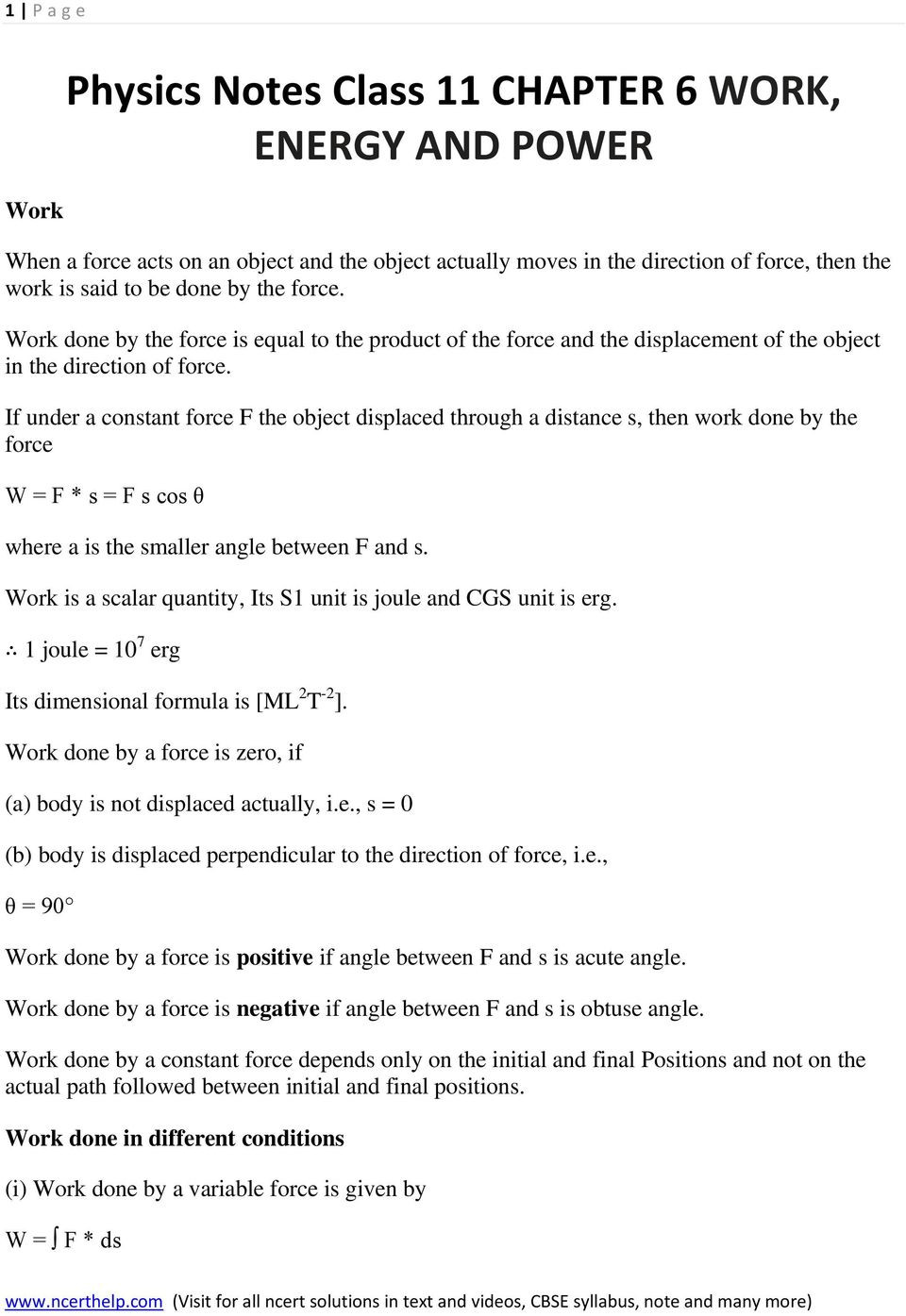 Work Power and Energy Worksheet Physics Notes Class 11 Chapter 6 Work Energy and Power