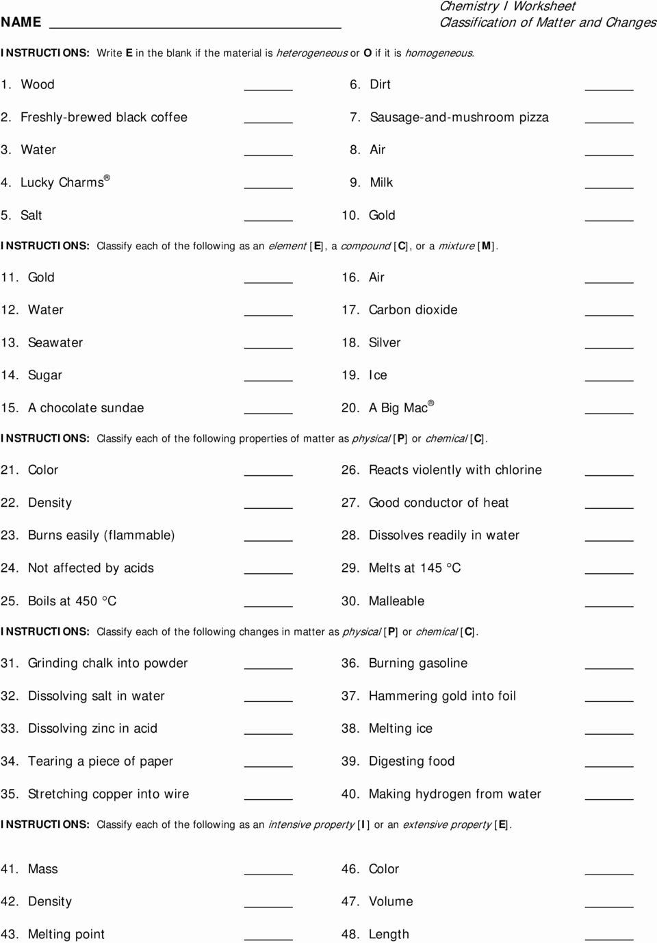 Worksheet Classification Of Matter 50 Classifying Matter Worksheet Answers In 2020