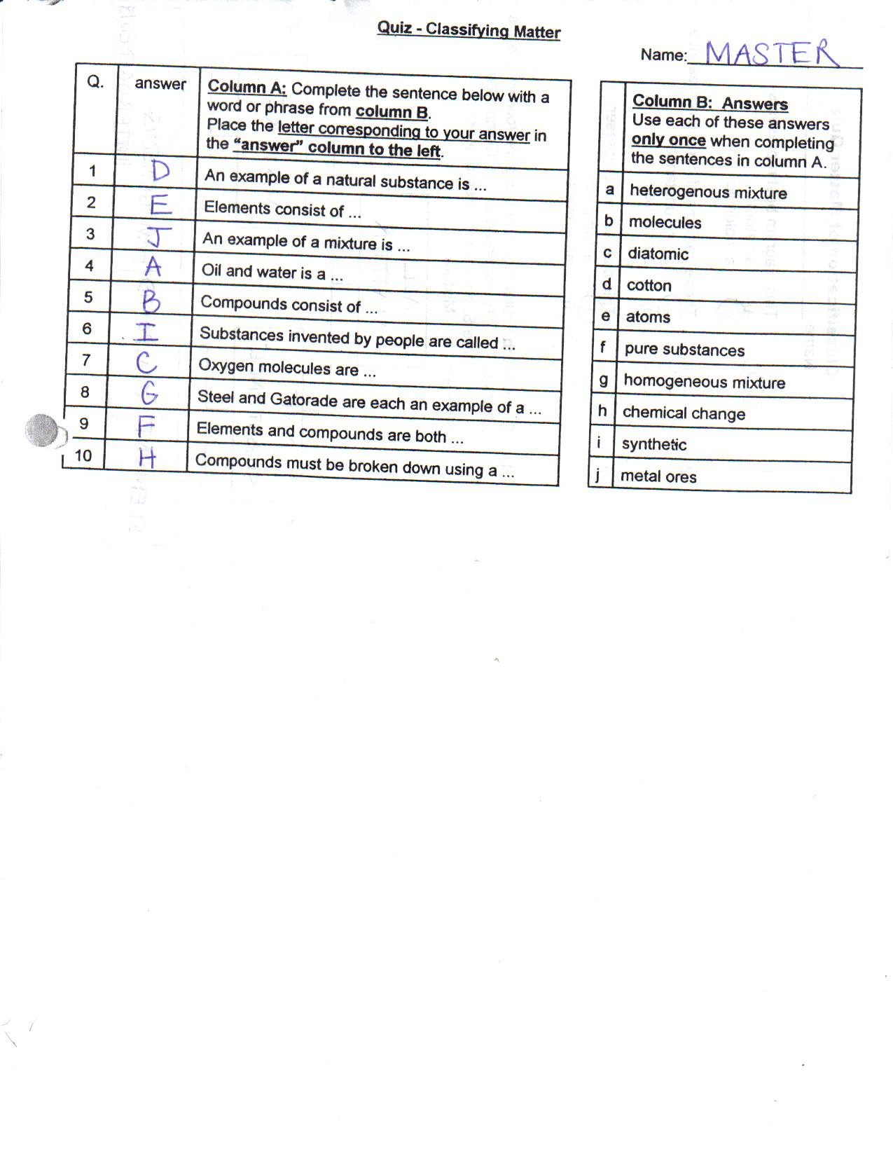 Worksheet Classification Of Matter toxic Science