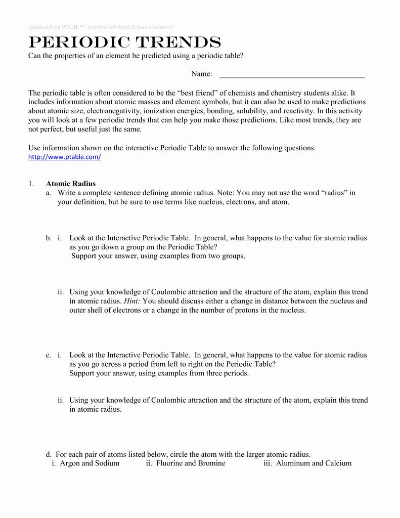 Worksheet Periodic Trends Answers 50 Periodic Trends Worksheet Answer Key In 2020