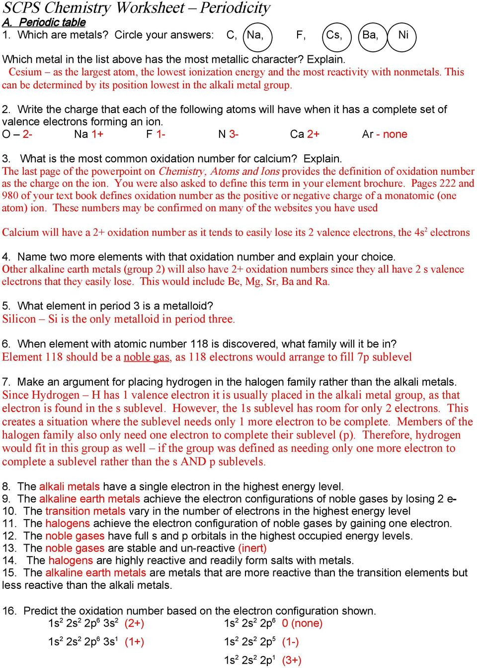 Worksheet Periodic Trends Answers Scps Chemistry Worksheet Periodicity A Periodic Table 1