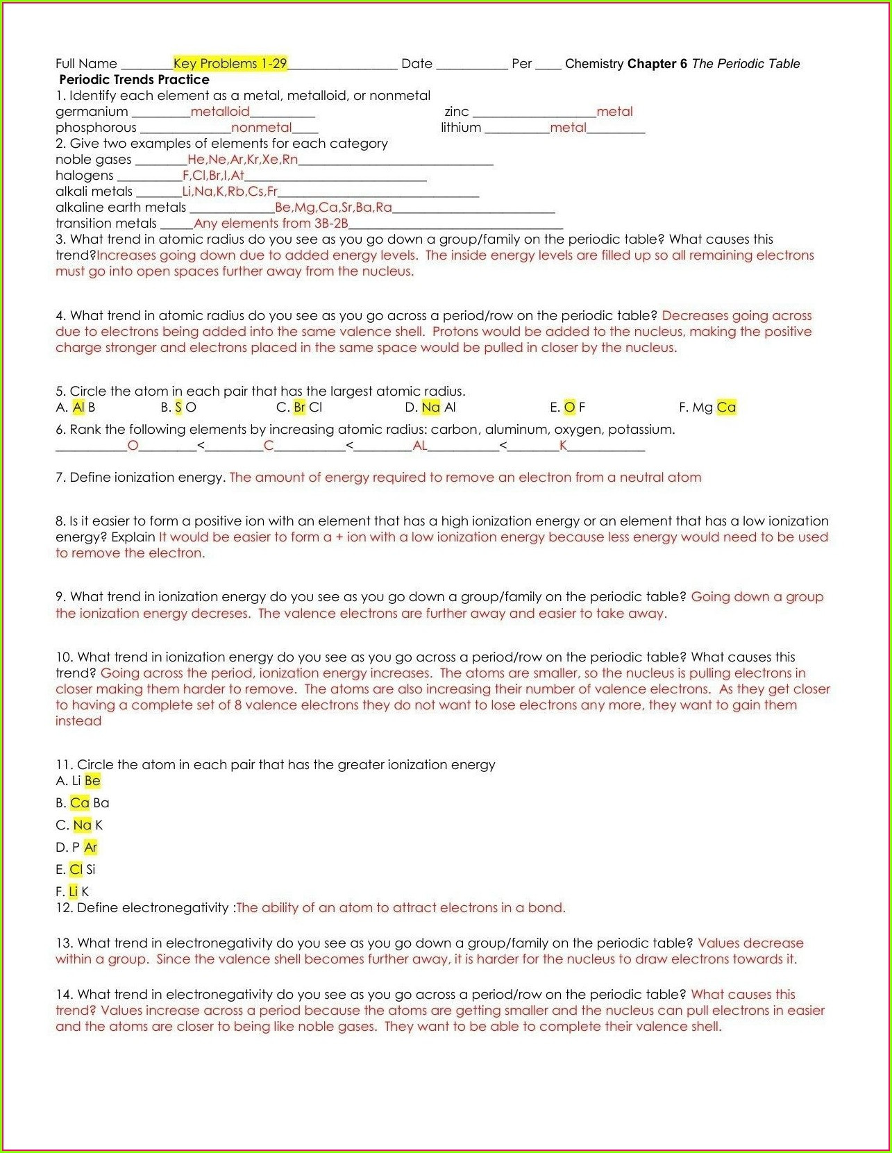Worksheet Periodic Trends Answers the Periodic Table and Periodic Law Worksheet Answers