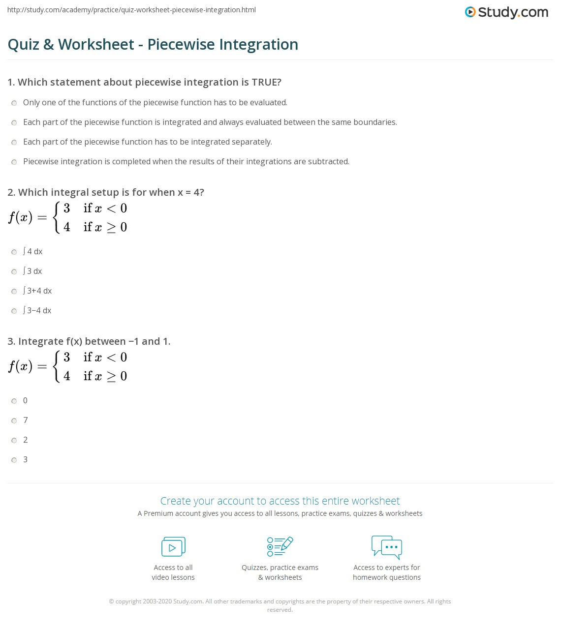 Worksheet Piecewise Functions Answer Key Quiz &amp; Worksheet Piecewise Integration