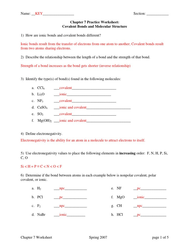 Worksheet Polarity Of Bonds Answers Chemistry Worksheet Covalent Bond