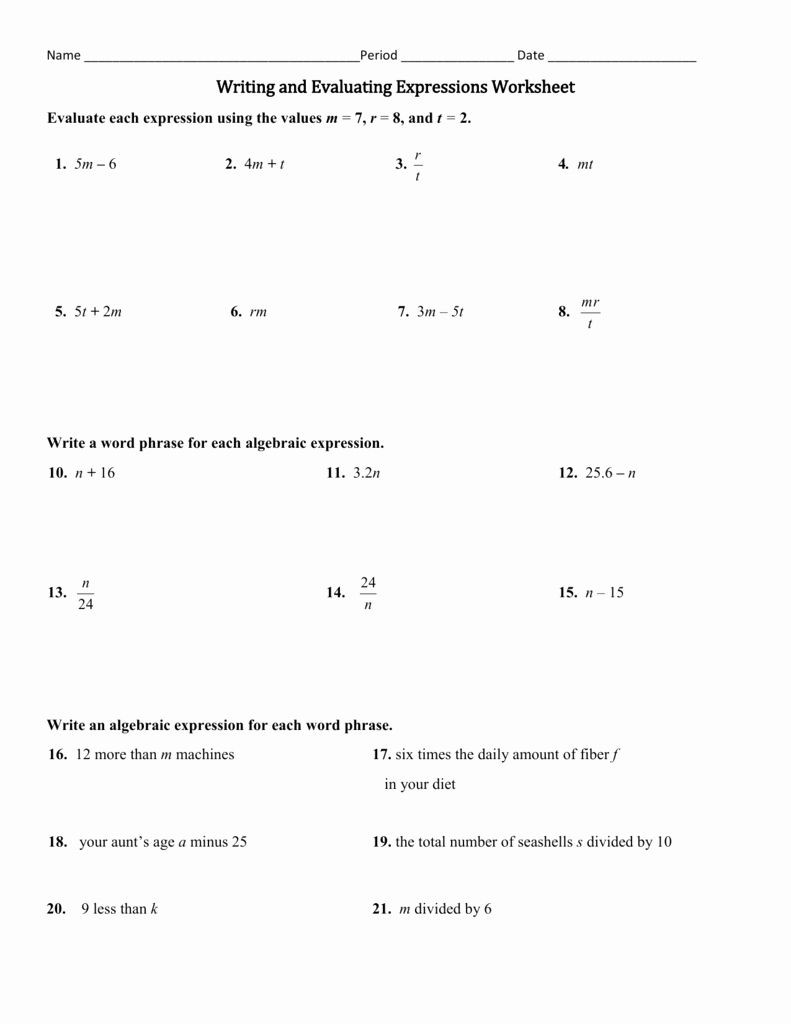 Writing and Evaluating Expressions Worksheet 50 Evaluating Algebraic Expressions Worksheet In 2020