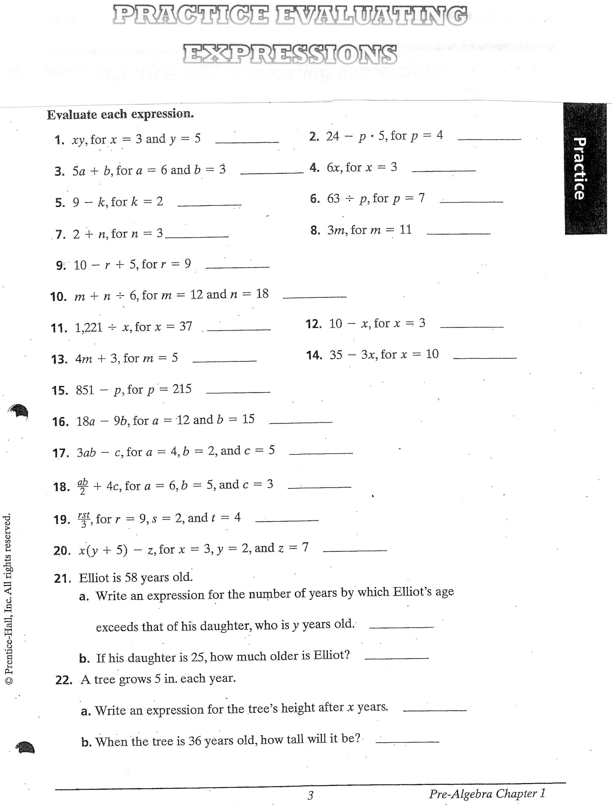 Writing and Evaluating Expressions Worksheet Evaluating Expressions Worksheets 7th Grade