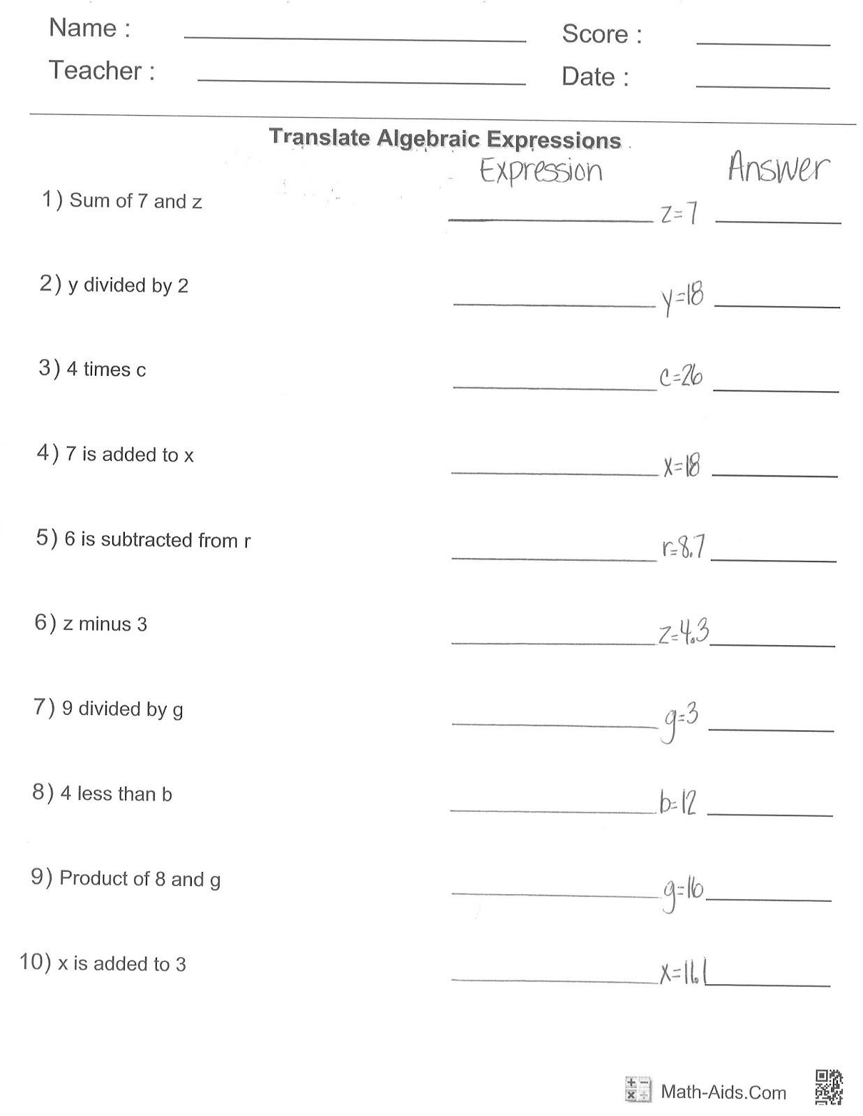 Writing and Evaluating Expressions Worksheet Mrs White S 6th Grade Math Blog Reading Writing and