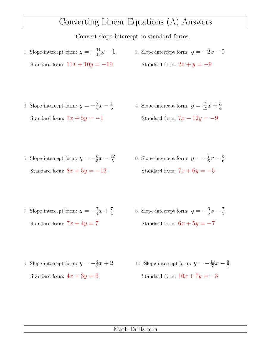 Writing Linear Equations Worksheet Answers Converting From Slope Intercept to Standard form A