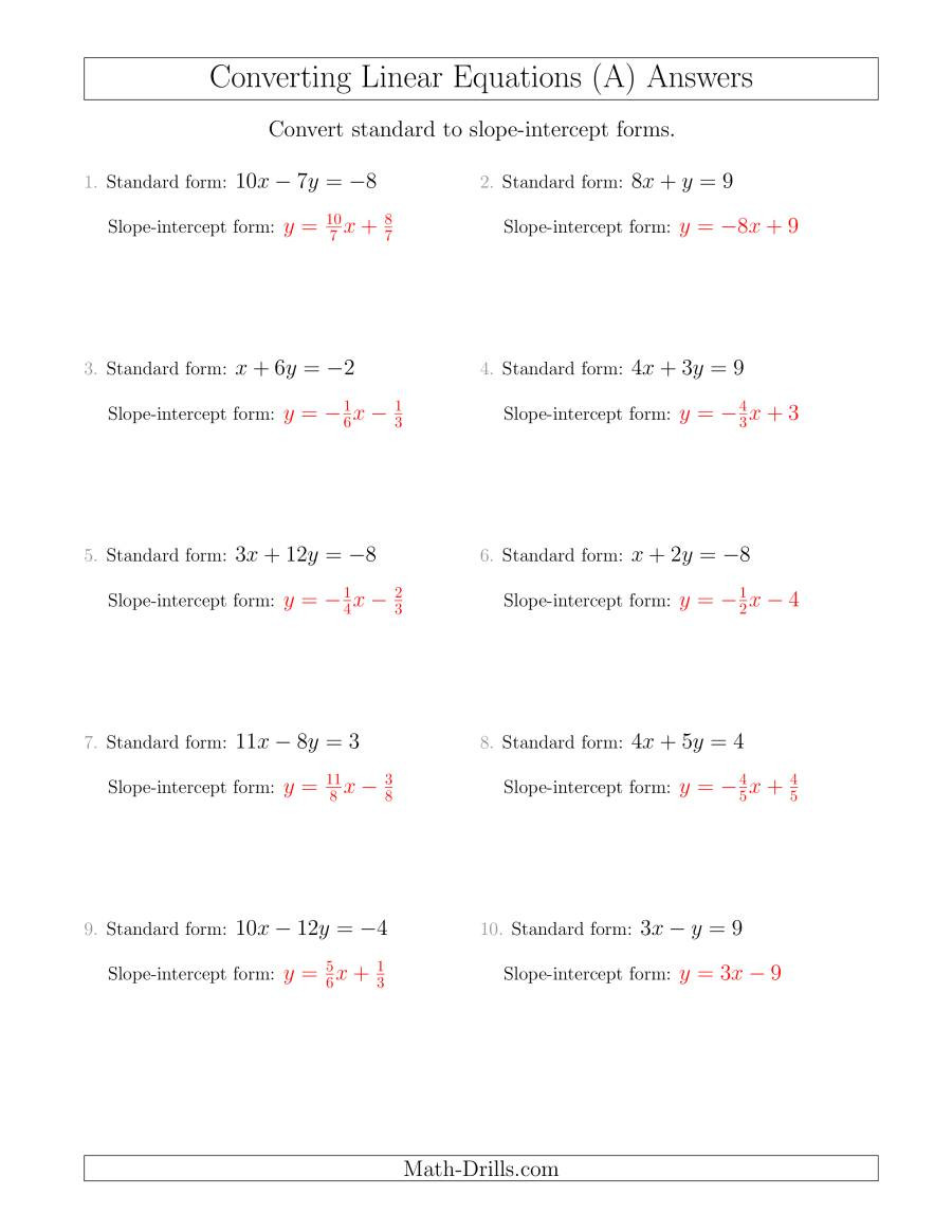 Writing Linear Equations Worksheet Answers Converting From Standard to Slope Intercept form A