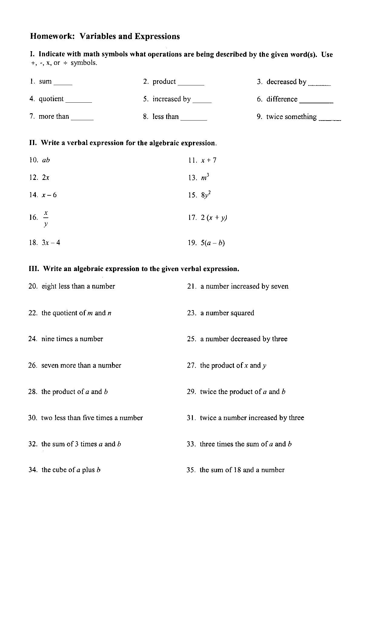 Writing Linear Equations Worksheet Answers Lovely Variables and Expressions Worksheet