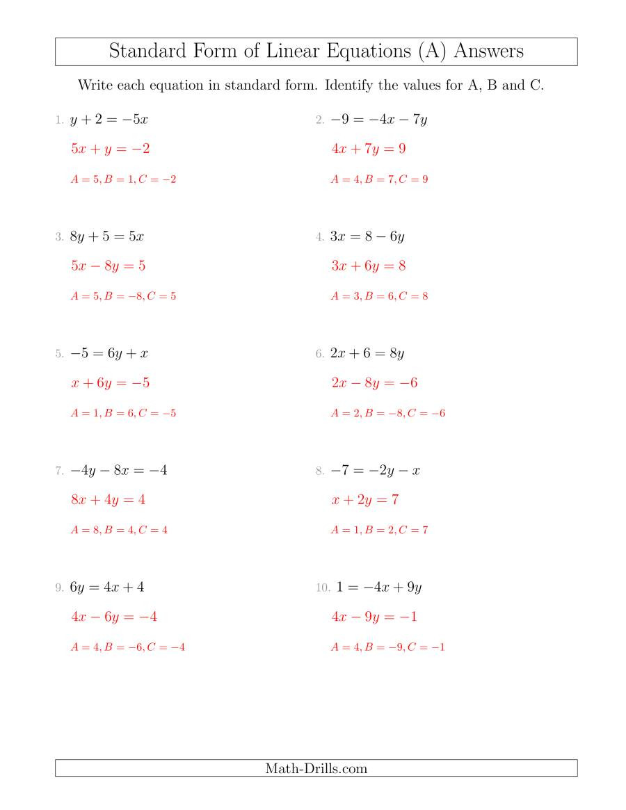 Writing Linear Equations Worksheet Answers Rewriting Linear Equations In Standard form A