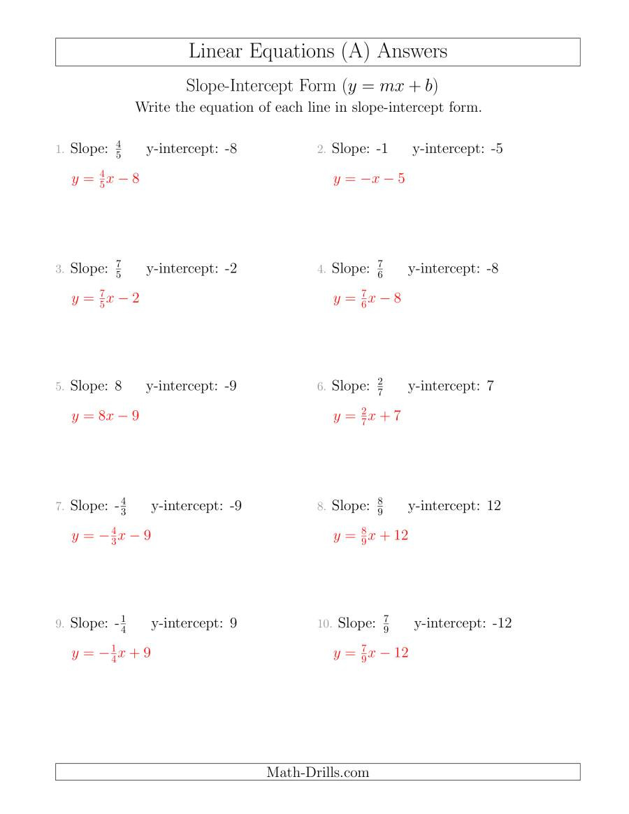 Writing Linear Equations Worksheet Answers Writing A Linear Equation From the Slope and Y Intercept A