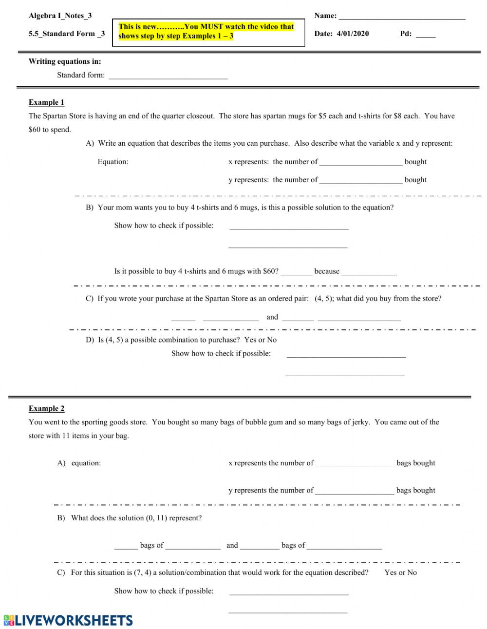 Writing Linear Equations Worksheet Answers Writing Standard form 1 Linear Equations Worksheet