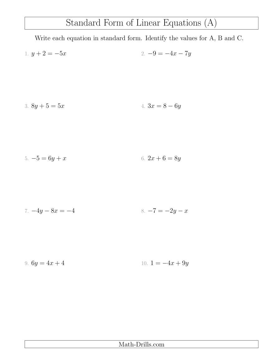 Writing Linear Equations Worksheet Rewriting Linear Equations In Standard form A