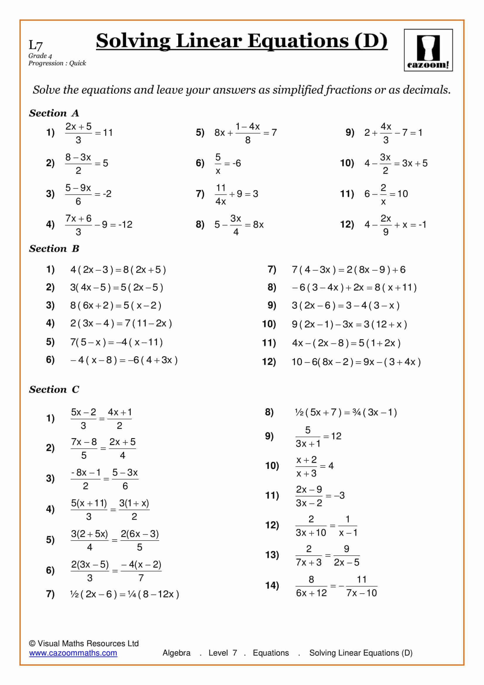 Writing Linear Equations Worksheet solving Equations Maths Worksheet